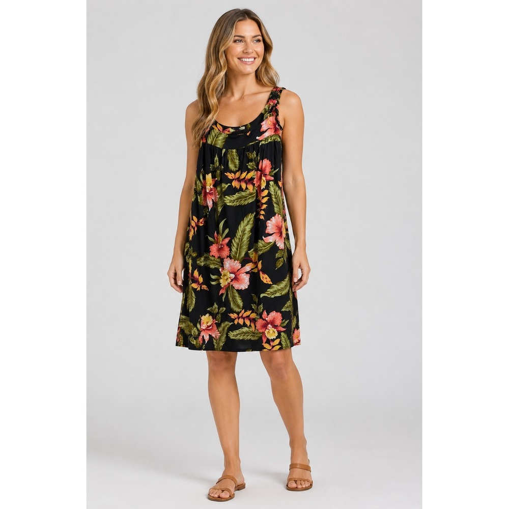 Tropical Group‎ Hawaii Dress Womens Medium Black Floral Print Rayon Resort Vaca